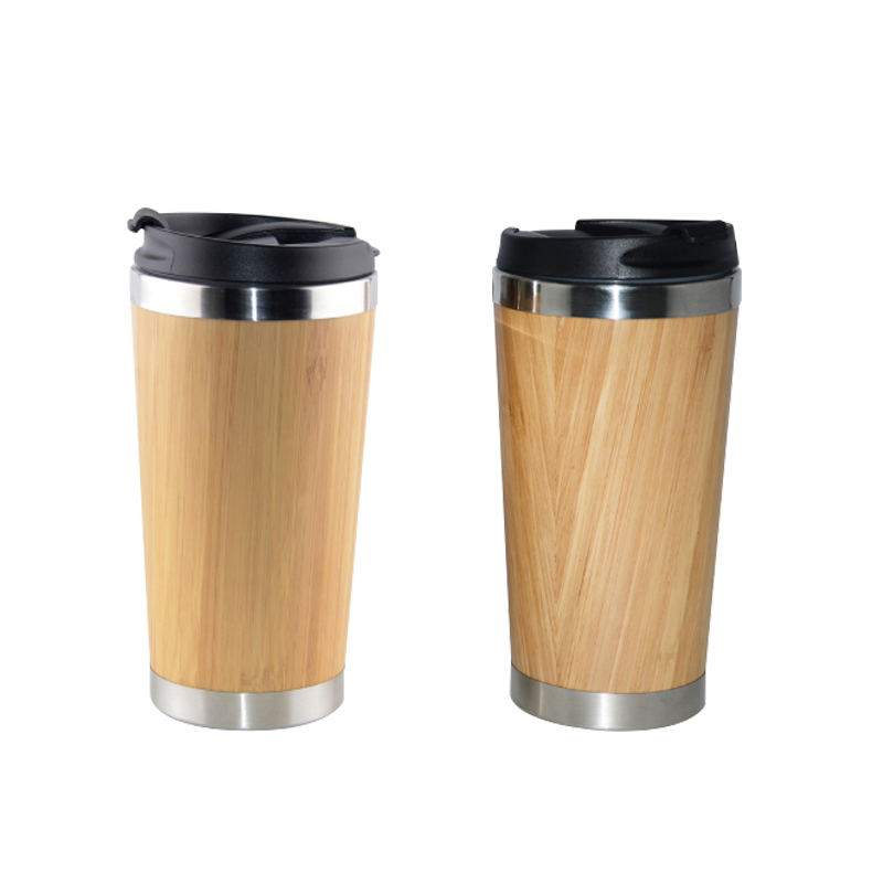 Promotional Design Vacuum Insulated Stainless Steel Bamboo Travel Mug Coffee Cup