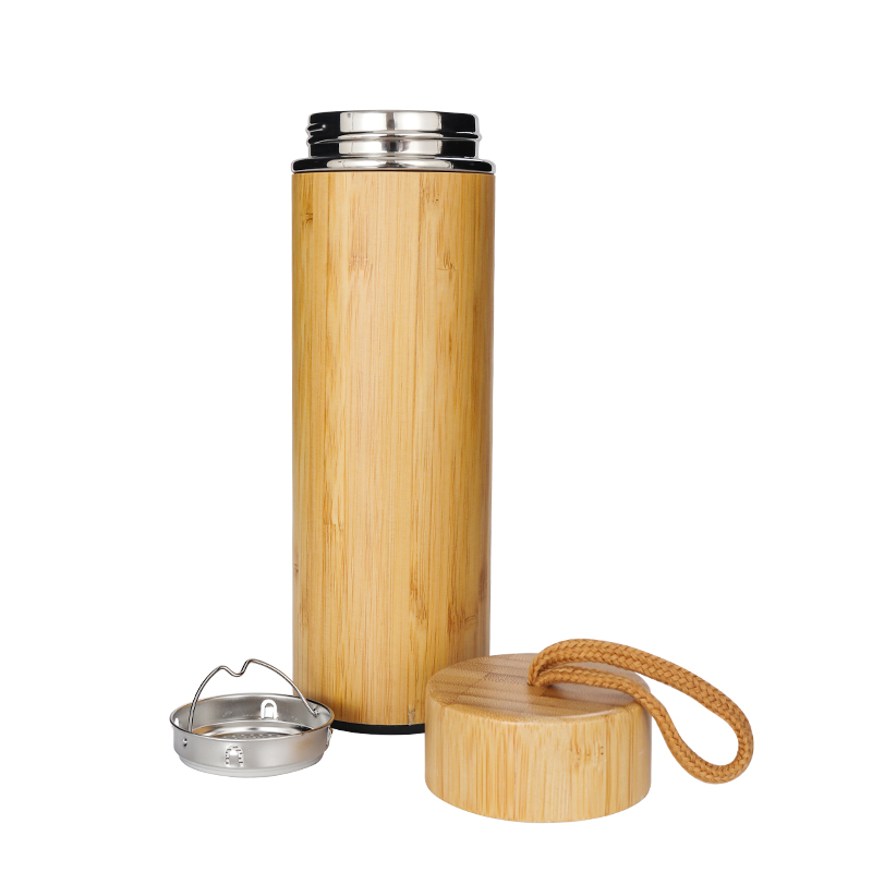 Eco Friendly Popular 480ML Vacuum Insulated Bamboo Flask with Tea Infuser And Strainer